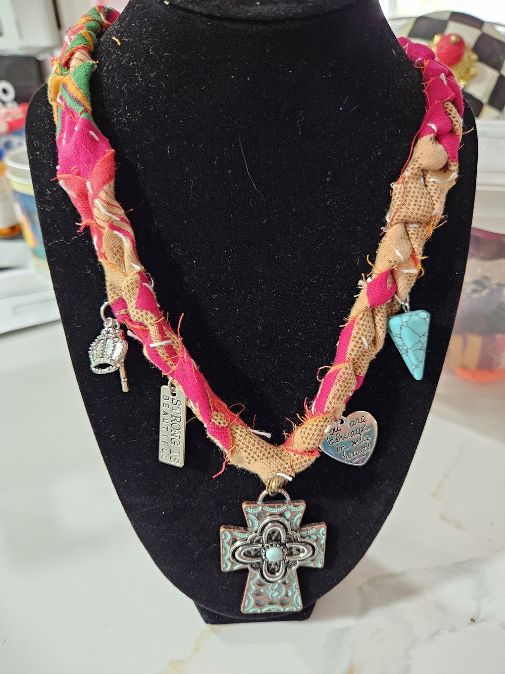 Boho Braided Kantha Cross Charm Necklace in Dark Red and Tan